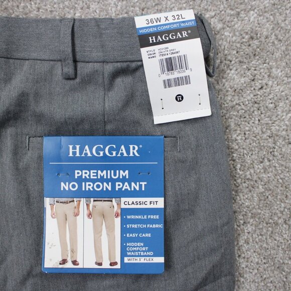 Haggar Premium No Iron Pants NWT Mens 36x32 Gray Classic Fit Flat Front Stretch - Picture 1 of 16
